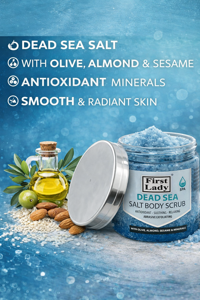 First Lady Dead Sea Salt Body Scrub 500ml | Exfoliating & Moisturising Scrub with Sunflower, Almond, Olive & Sesame Oils | Smooth Glowing Skin