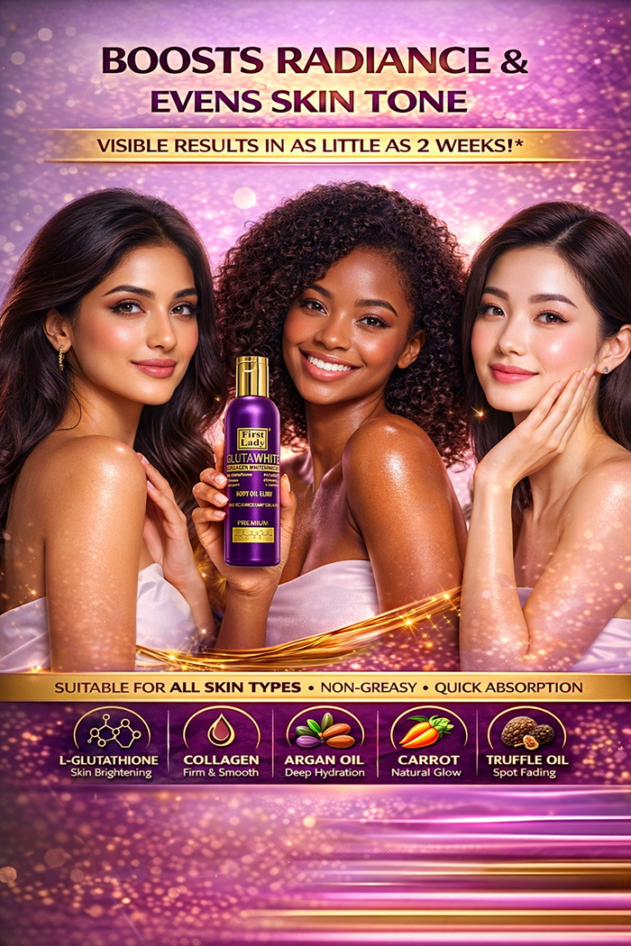 First Lady Glutawhite Collagen Skin Brightening Oil 200ml | Glow Boosting Body Oil with Glutathione, Argan, Carrot & Lemon | Hydrating Radiance Formula