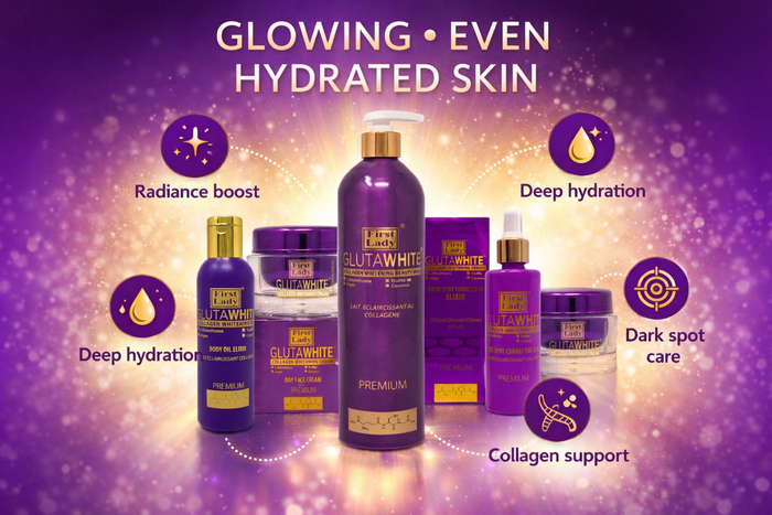 First Lady Glutawhite Collagen Skincare Set for Brightening face & body | Lotion, Serum, Oil, Day & Night Cream | Full Glow Routine with Glutathione & Niacinamide (5 items) -