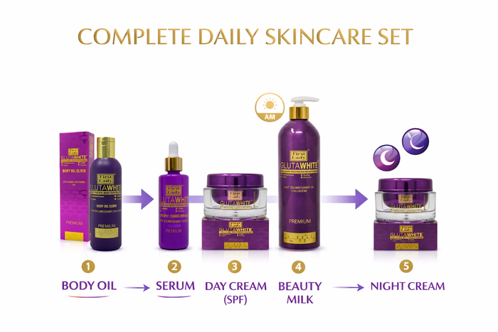 First Lady Glutawhite Collagen Skincare Set for Brightening face & body | Lotion, Serum, Oil, Day & Night Cream | Full Glow Routine with Glutathione & Niacinamide (5 items) -