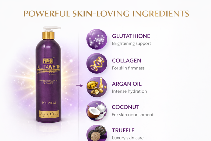 First Lady Glutawhite Collagen Skincare Set for Brightening face & body | Lotion, Serum, Oil, Day & Night Cream | Full Glow Routine with Glutathione & Niacinamide (5 items) -