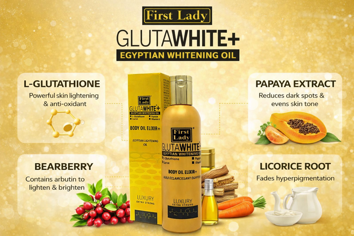 First Lady Glutawhite Gold Brightening Body Oil 200ml - With Glutathione, Licorice Root, Vitamin E, Papaya, Carrot Oil, Goat Milk &amp; Bearberry | Daily Nourishing Body Oil | UK Fast Delivery