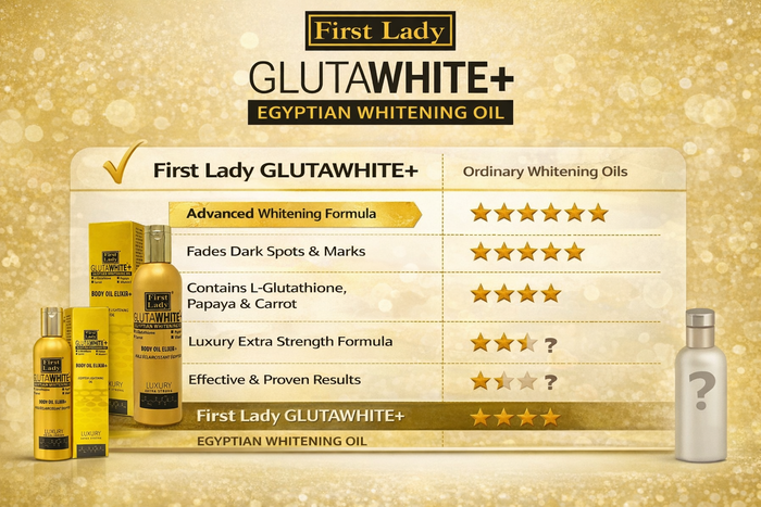 First Lady Glutawhite Gold Brightening Body Oil 200ml - With Glutathione, Licorice Root, Vitamin E, Papaya, Carrot Oil, Goat Milk &amp; Bearberry | Daily Nourishing Body Oil | UK Fast Delivery