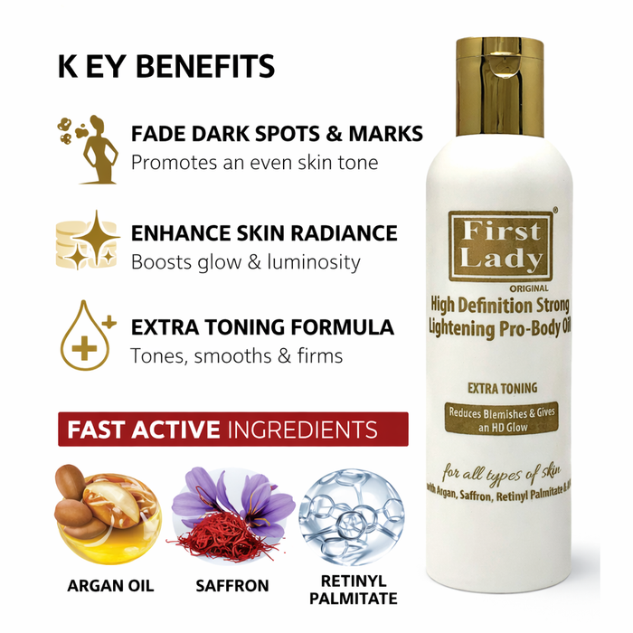 First Lady HD Brightening Pro Body Oil 200ml With Argan Oil, Licorice, Mulberry, Saffron & AHA | Lightweight Glow Up