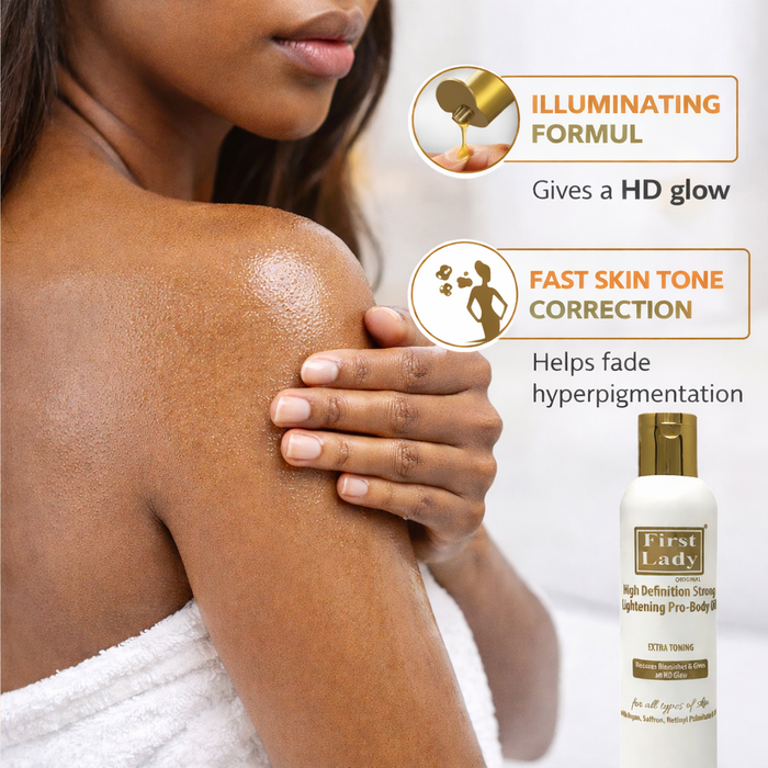 First Lady HD Brightening Pro Body Oil 200ml With Argan Oil, Licorice, Mulberry, Saffron & AHA | Lightweight Glow Up