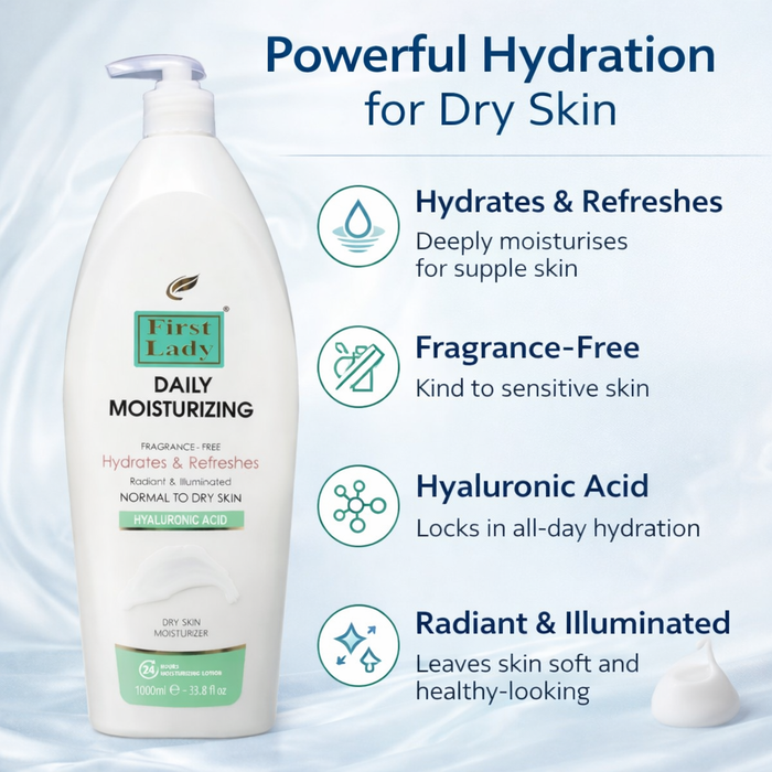 First Lady Hyaluronic Acid Body Lotion – Fragrance Free Moisturiser for Dry & Sensitive Skin (1000ml)