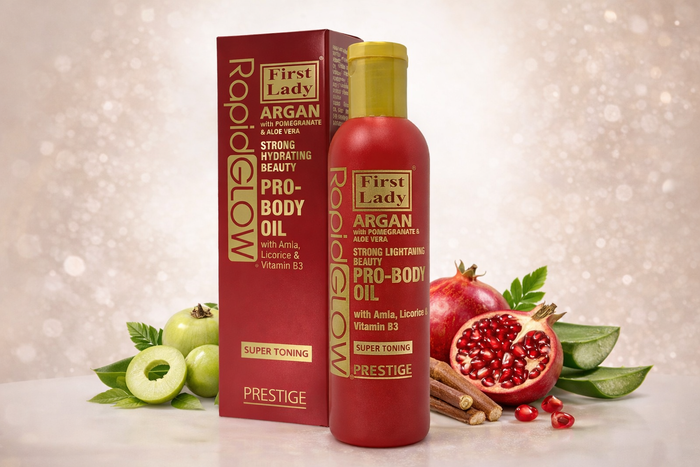 First Lady Rapid Glow Argan Brightening Body Oil 200ml | Niacinamide Glow Oil for Dark Spots & Even Skin Tone | Aloe Vera, Licorice & Amla