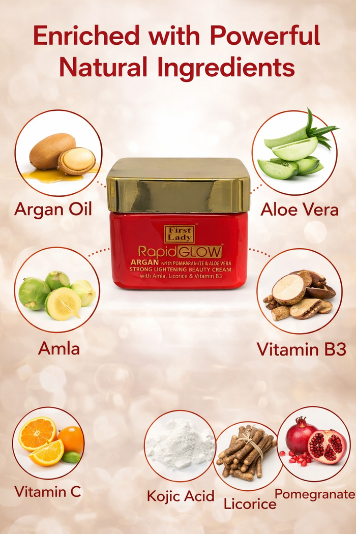 First Lady Rapid Glow Argan Brightening Face Cream 250ml | Kojic Acid, Vitamin C, Licorice & Amla | Even Skin Tone & Radiance Boost