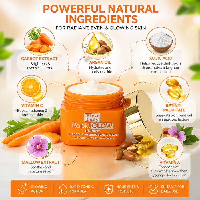 First Lady Rapid Glow Carrot Brightening Cream 250ml – Kojic Acid, Vitamin C & Retinol | Dark Spot Fade & Radiant Skin