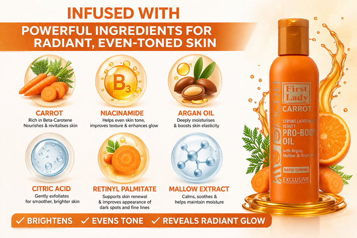 First Lady Rapid Glow Carrot Brightening Oil 200ml – Niacinamide, Argan & Vitamin A | Dark Spot Glow & Even Skin Tone
