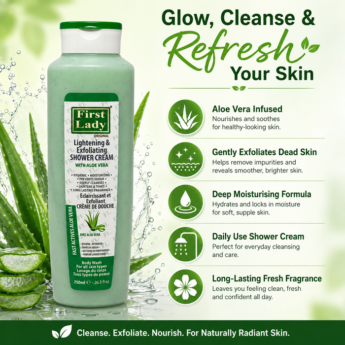 First Lady Skin Brightening Aloe Vera Body Wash 750ml | Niacinamide & Cocoa Butter Shower Cream for Soft Glowing Skin