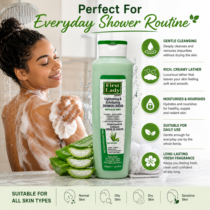 First Lady Skin Brightening Aloe Vera Body Wash 750ml | Niacinamide & Cocoa Butter Shower Cream for Soft Glowing Skin