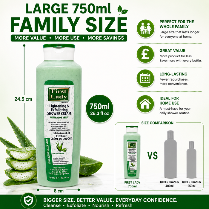 First Lady Skin Brightening Aloe Vera Body Wash 750ml | Niacinamide & Cocoa Butter Shower Cream for Soft Glowing Skin