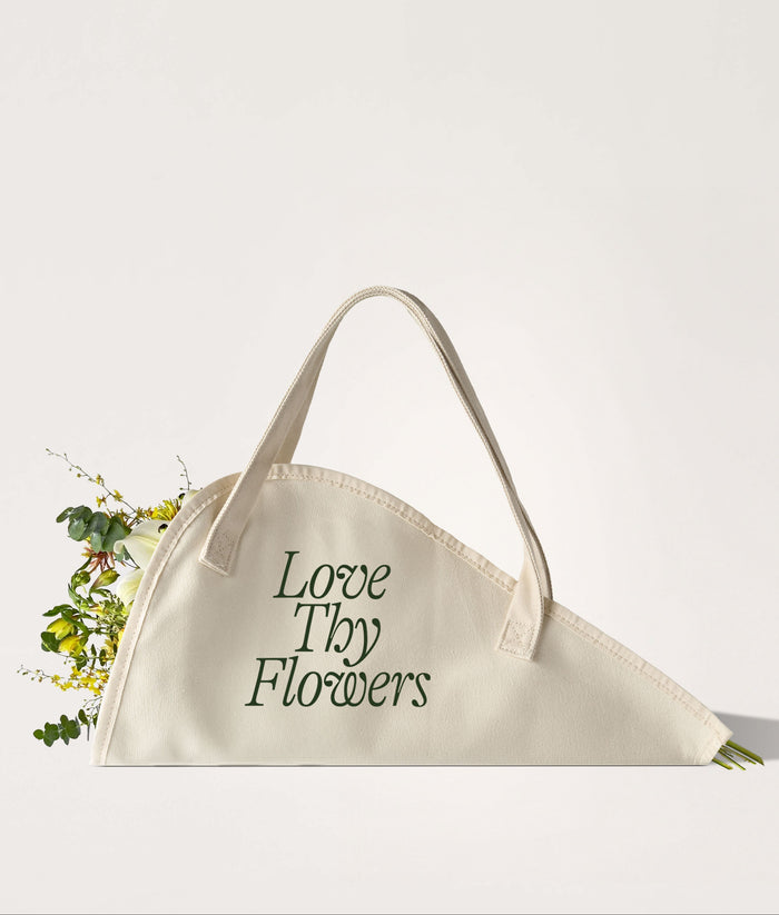Flower Tote Love Thy Flowers Classic. Beige tote bag with 'Love Thy Flowers' text on a white background.