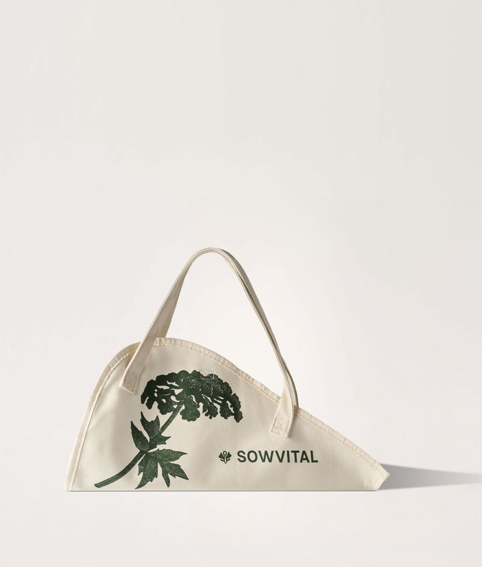 Flower Tote Monet Quote Large. Beige flower tote bag with plant design and 'SOWVITAL' branding on a white background.