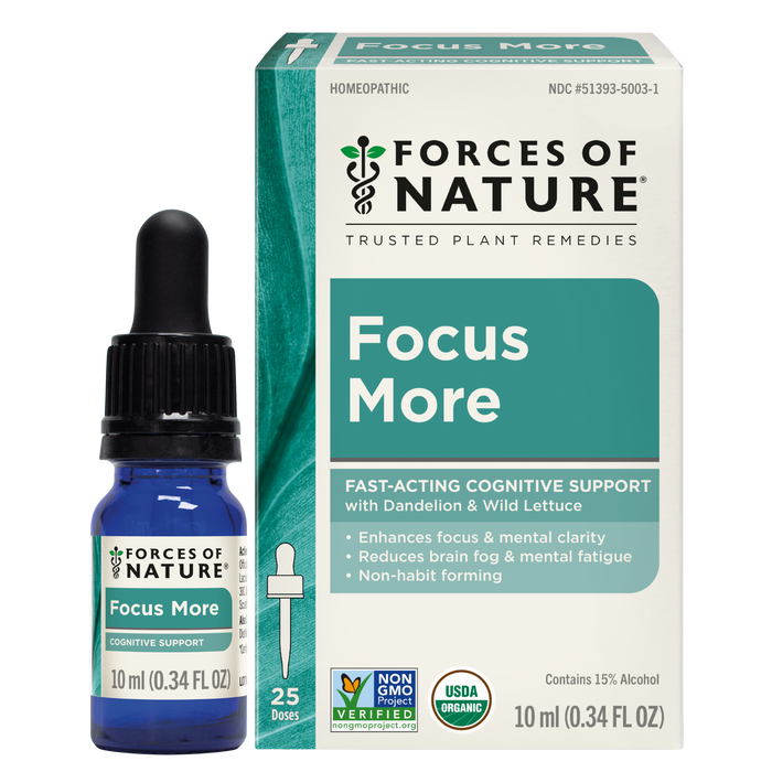 Front view of Focus More dropper bottle and box showing teal label, 25 Doses badge and 10 ml 0.34 fl oz marking on white background