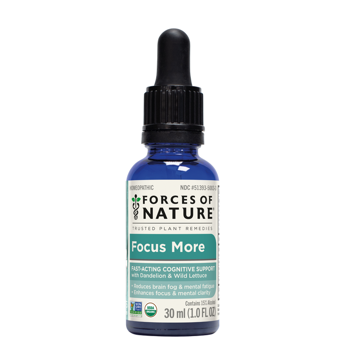 Front view of Focus More 30 ml blue glass dropper bottle showing product label and black dropper on white background