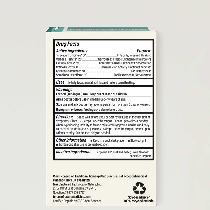 Text panel showing Drug Facts for Focus More 10 ml listing active ingredients, uses, warnings, directions, and inactive ingredients