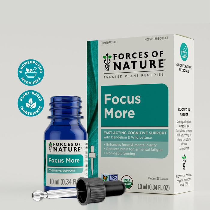 Front view of Focus More 10ml bottle with box showing Focus More and fast acting cognitive support on light background