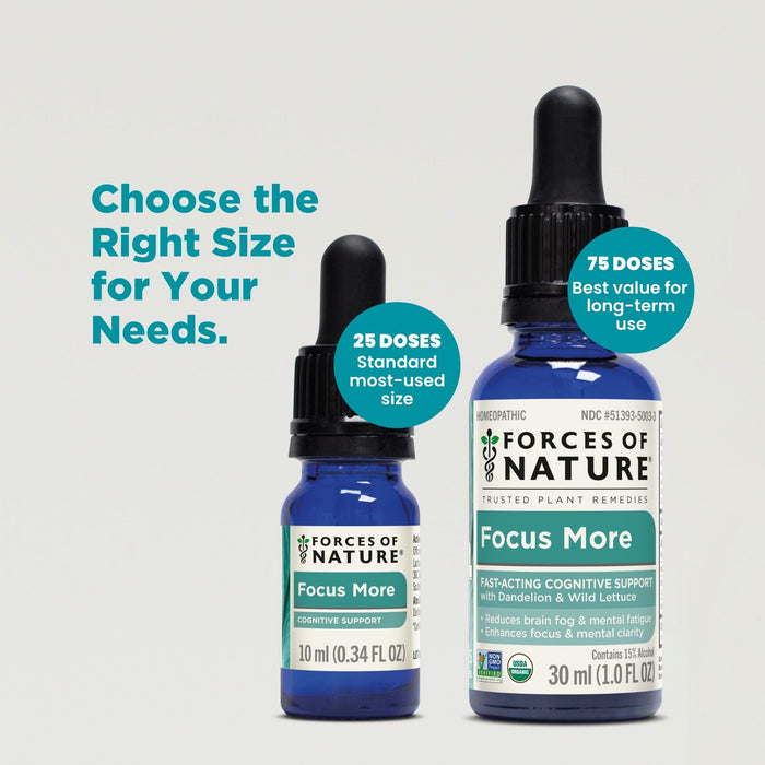 Promotional graphic comparing Focus More 10 ml (25 doses) and 30 ml (75 doses) with headline ‘Choose the Right Size’