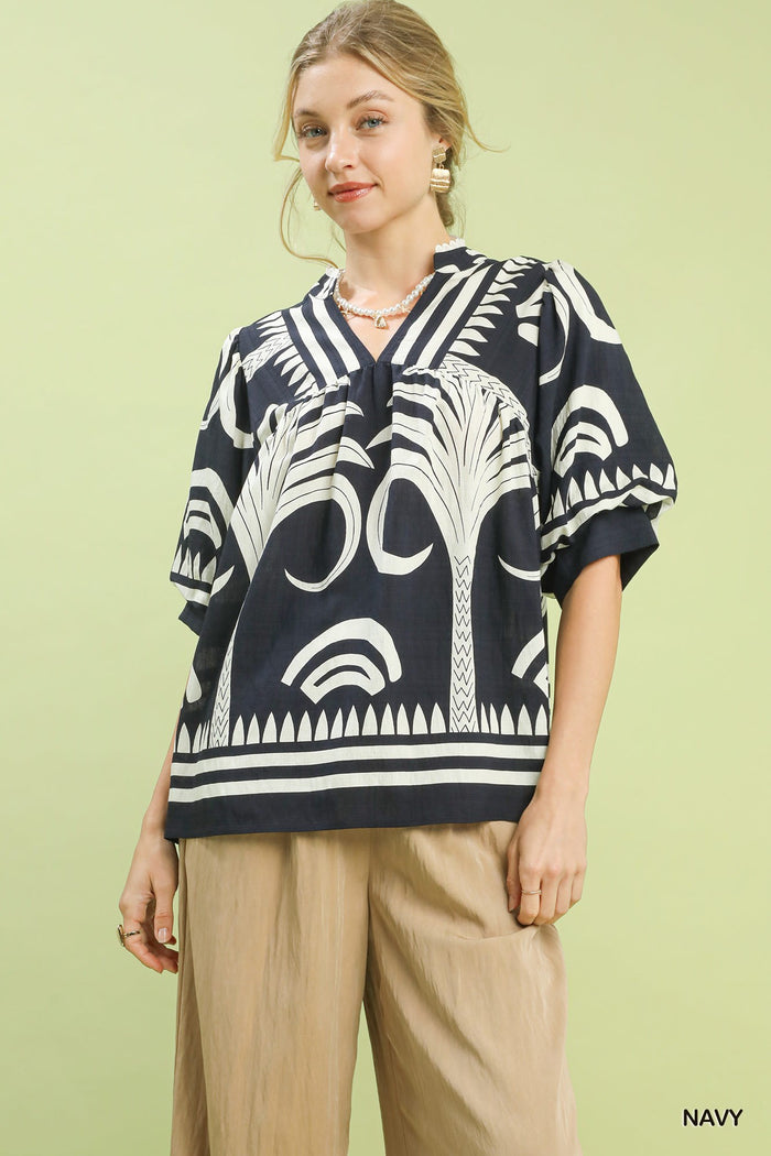 Folk Art Palm Print V-Neck Top
