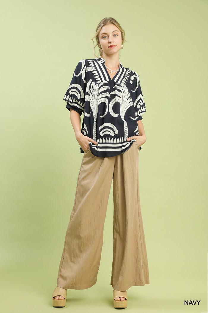 Folk Art Palm Print V-Neck Top