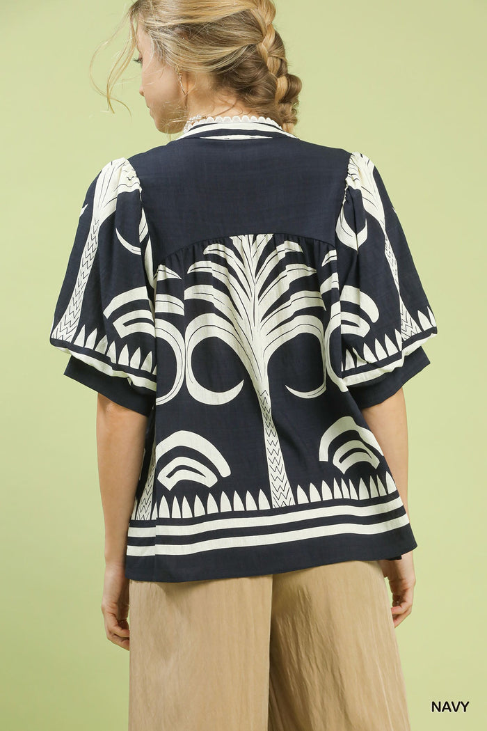 Folk Art Palm Print V-Neck Top