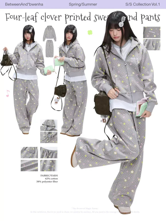 Four-leaf clover printed sweater and pants