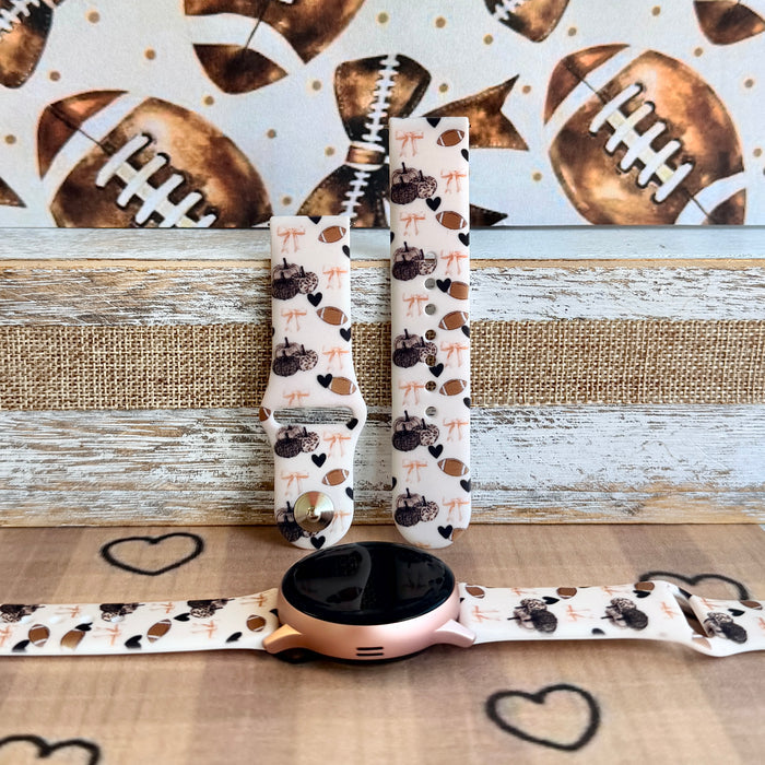 Game Day Darling coquette football print silicone band for Samsung Galaxy Watch with footballs, pumpkins, bows and hearts from Fancy Bands