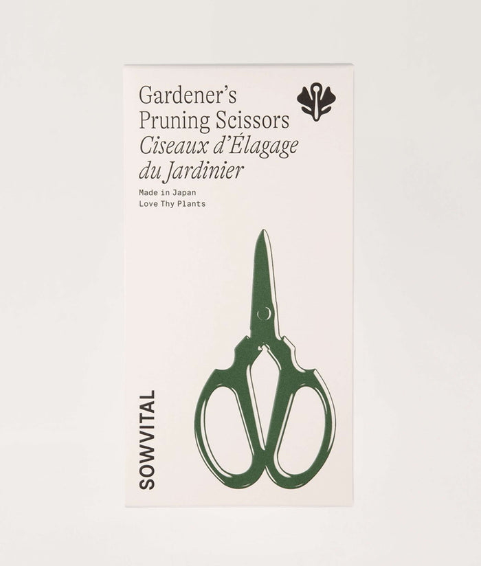 Gardener's Pruning Scissors packaging with brand name SOWVITAL on a light gray background.