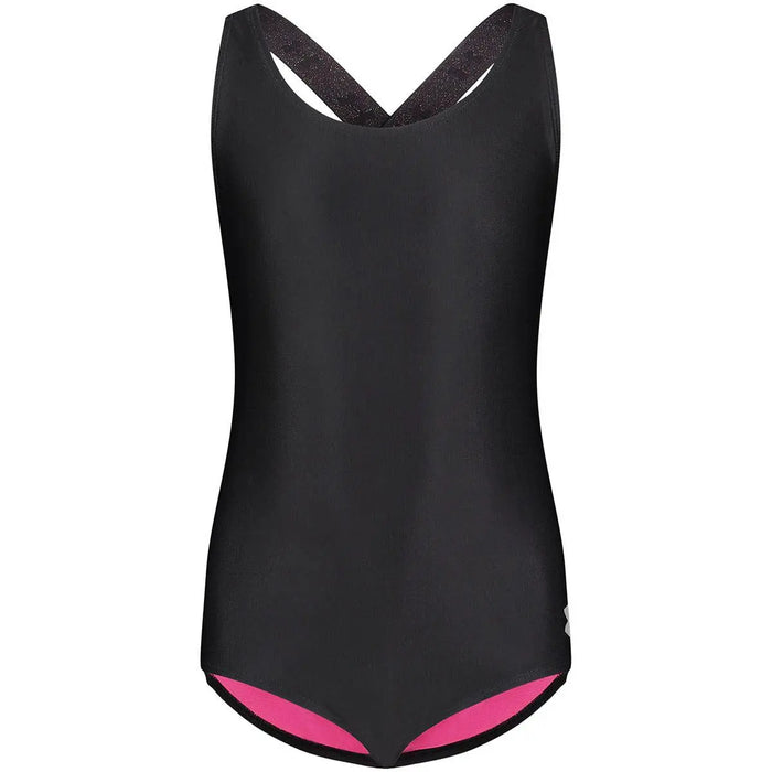 Under Armour girls racerback one-piece swimsuit in Black/Pink with front logo detail
