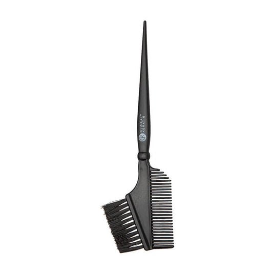 GK Hair application brush and comb in black with a pointed tail handle and Global Keratin logo, on white