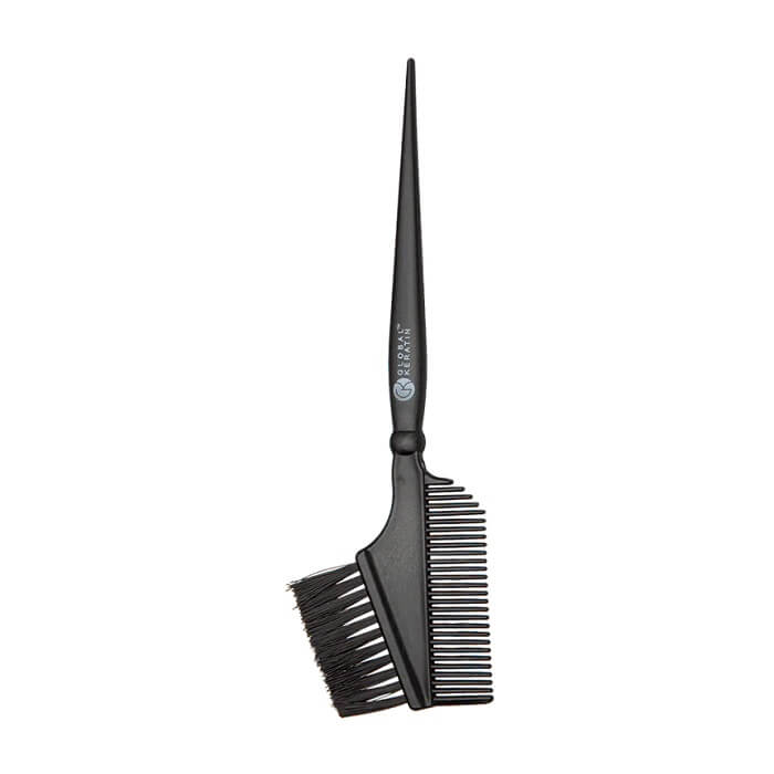 GK Hair Application Brush - Comb in black, bristle head beside comb teeth on a pointed tail handle marked Global Keratin