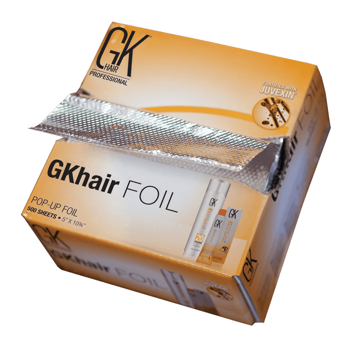 GK Hair pop-up foil box in orange, fortified with Juvexin, 500 sheets 5 by 10 3/4 inches, silver foil sheet pulled up