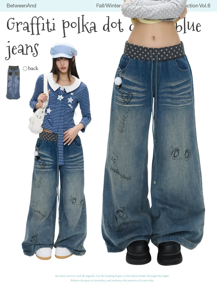 Graffiti polka dot denim blue jeans