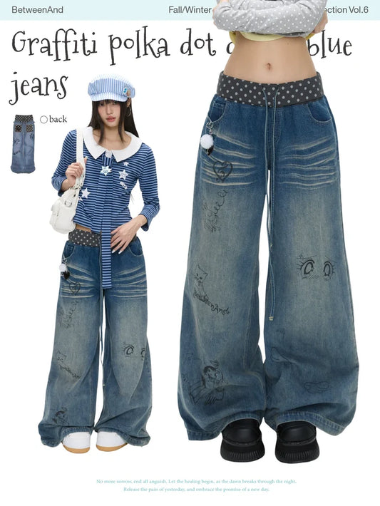 Graffiti polka dot denim blue jeans