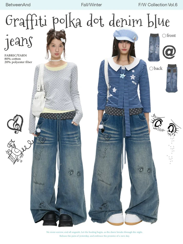 Graffiti polka dot denim blue jeans