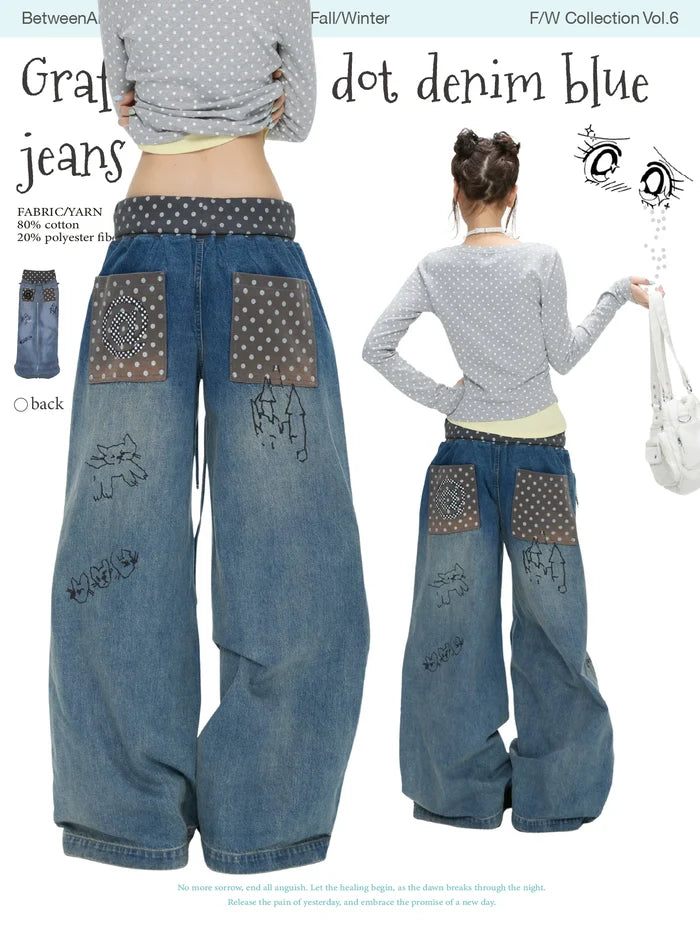 Graffiti polka dot denim blue jeans