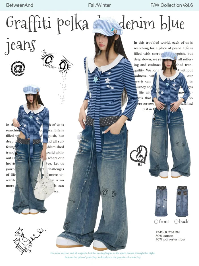 Graffiti polka dot denim blue jeans