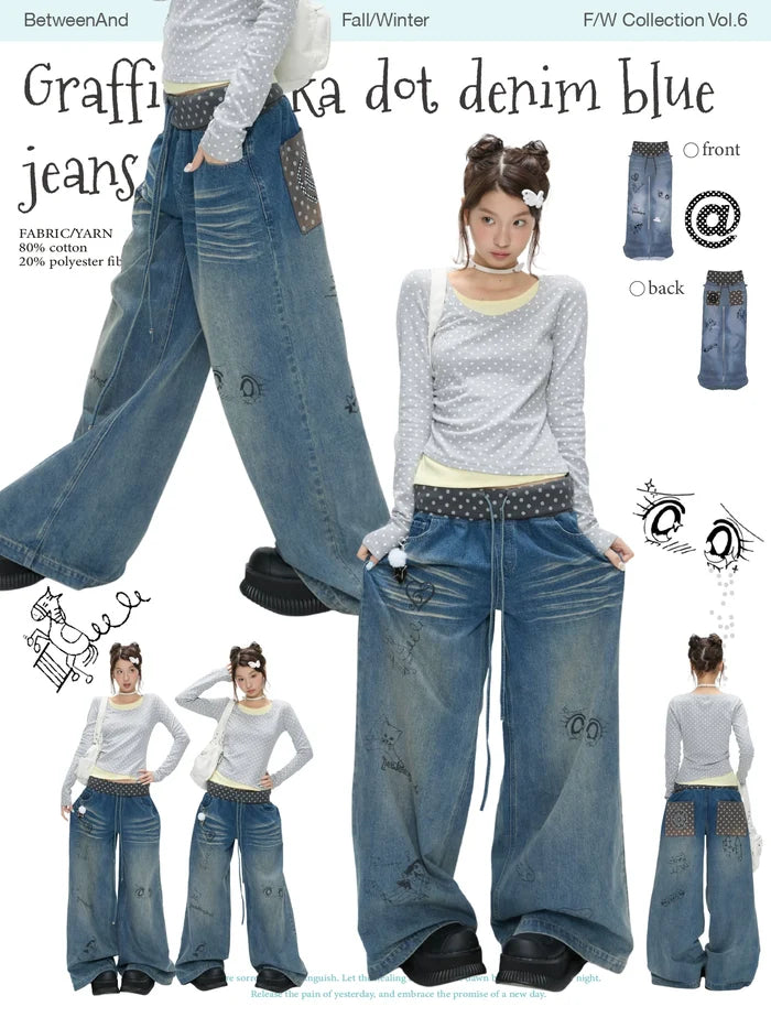 Graffiti polka dot denim blue jeans
