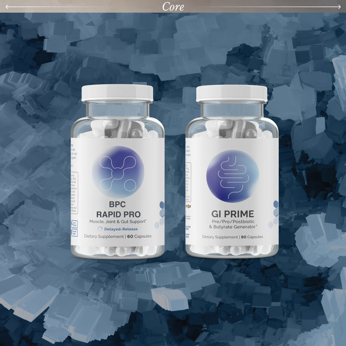 InfiniWell Core Gut Reset & Protect protocol featuring BPC Rapid Pro and GI Prime supplements on a blue textured background