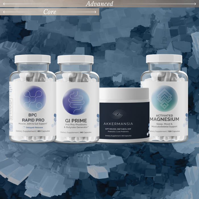 InfiniWell Advanced Gut Reset & Protect protocol featuring BPC Rapid Pro, GI Prime, Akkermansia, and Activated Magnesium supplements on a blue textured background
