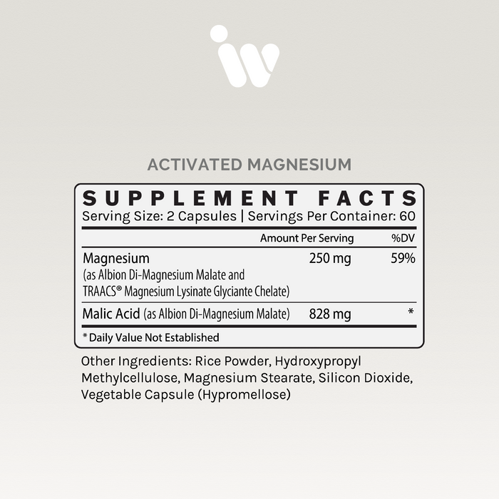 Supplement Facts panel for Infiniwell Activated Magnesium showing magnesium, malic acid and serving size