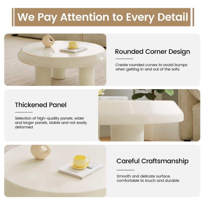 Three-legged coffee table with 5.9-inch thick legs for stability and style.