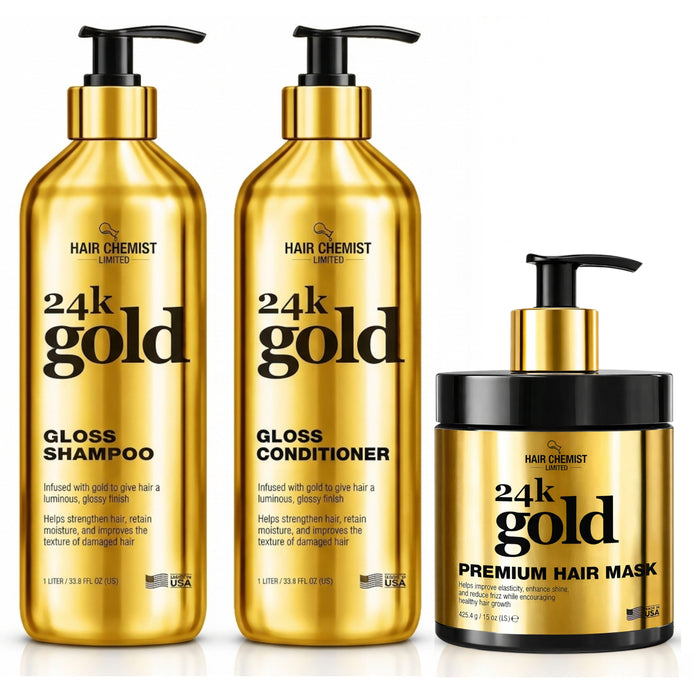 Hair Chemist 24K Gold 3-PC Gloss Shampoo 33.8oz, Conditioner 33.8oz & Hair Mask 15oz Set