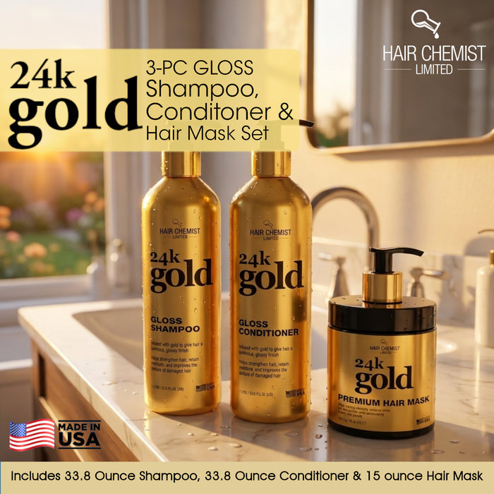 Hair Chemist 24K Gold 3-PC Gloss Shampoo 33.8oz, Conditioner 33.8oz & Hair Mask 15oz Set