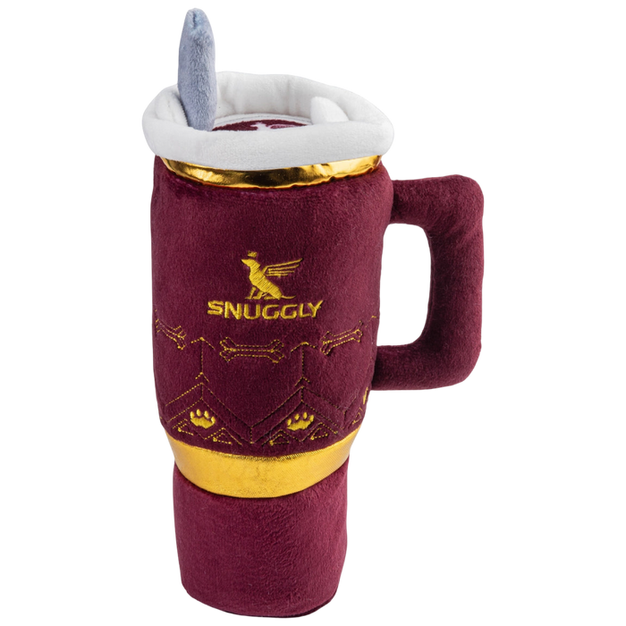 haute diggity dog snuggly cup, stanley dog toy dupe, maroon dog toy cup, funny dog toys, plush squeaky dog toy, trendy dog toy, dog toy tumbler, luxury pet toys