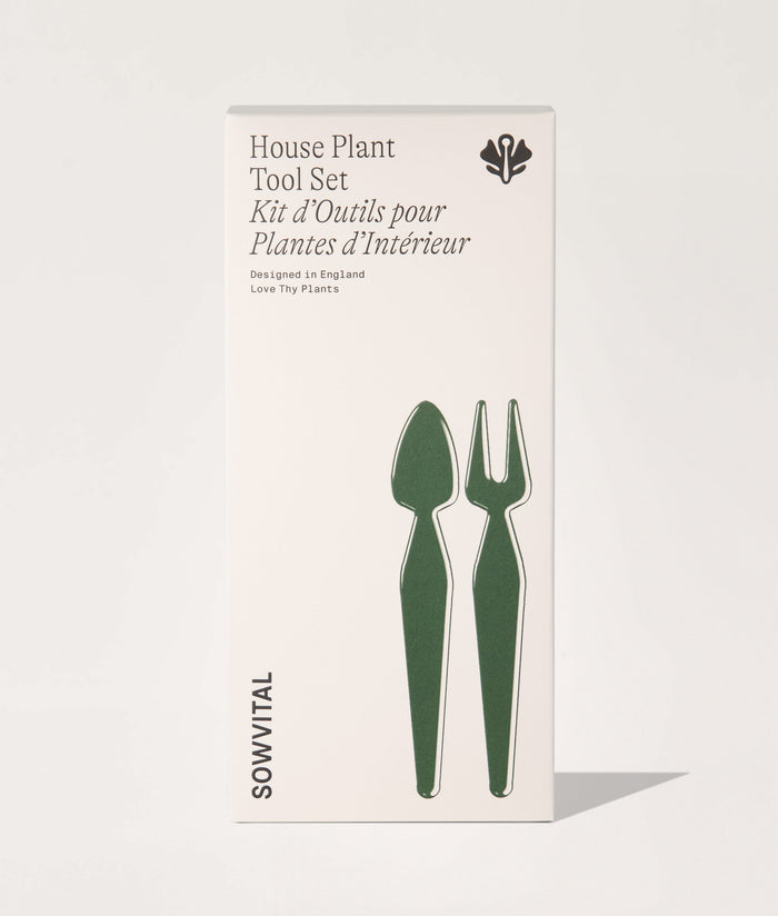 House Plant Tool Set packaging with illustrations of a trowel and fork on a white background.