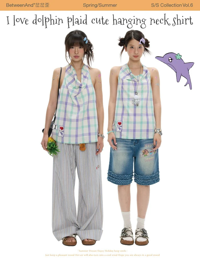 I love dolphins plaid cute hanging neck shirt top