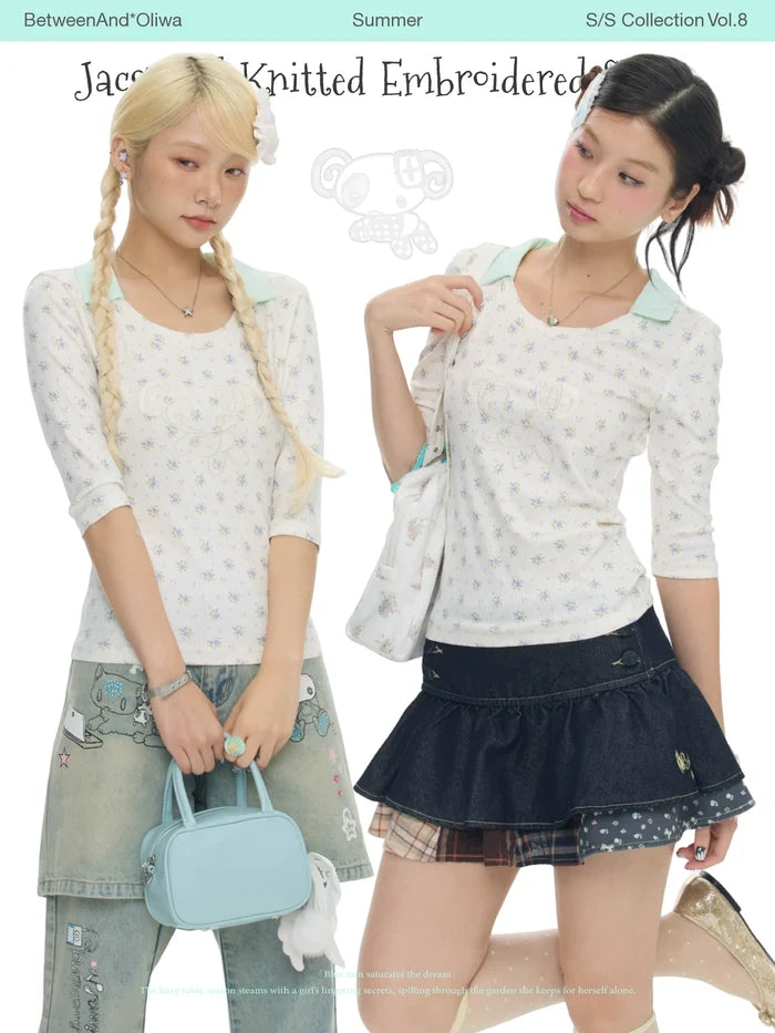Jacquard knitted embroidered top